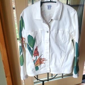 Chico's Tropical Floral Embellished White Denim Sz. 3 (16-18)‎ Jacket